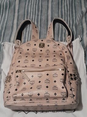 MCM Blush Pink Logo-Print Backpack with Gold Hardware
